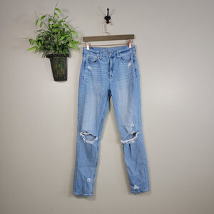 American Eagle Mom Jeans Hi Rise Ripped Light Blue Wash Straight Leg AE 4 X Long